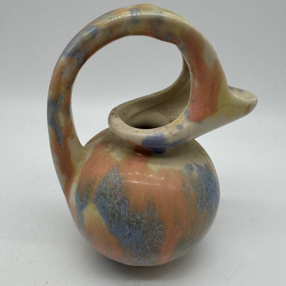 Vintage MCM Sculptural Loop Handle Ewer Vase Pastel Drip Glaze Pitcher Art Deco - Picture 5 of 10